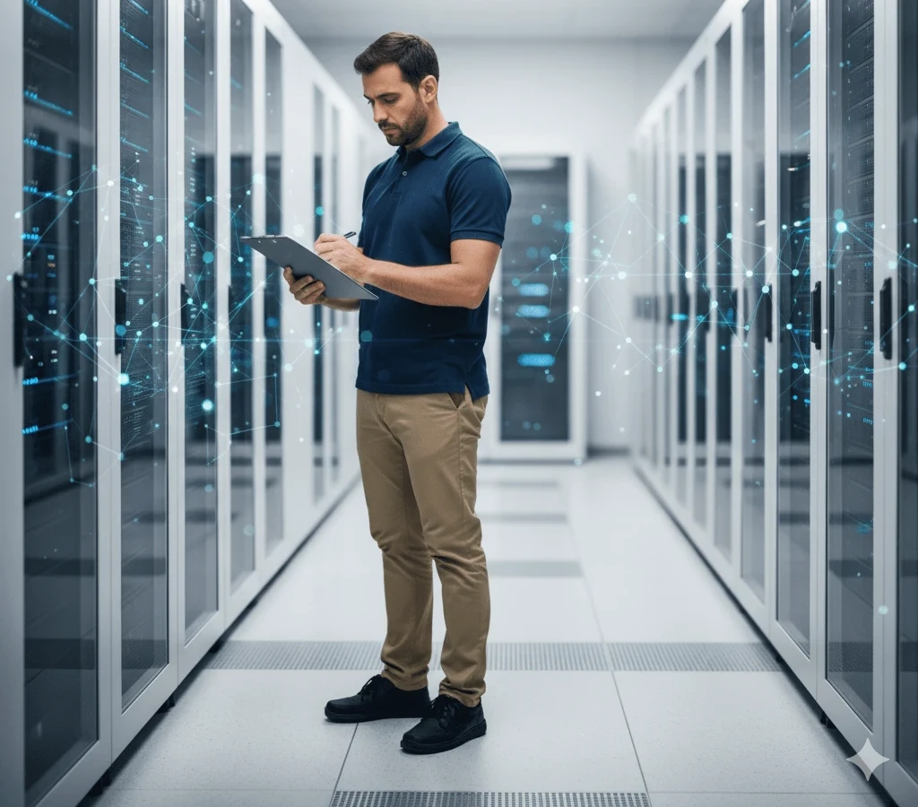 Rappresentazione astratta della sinergia tra Information Technology e Digital Marketing con rete digitale blu su sfondo chiaro, simbolo di connessione e innovazione.