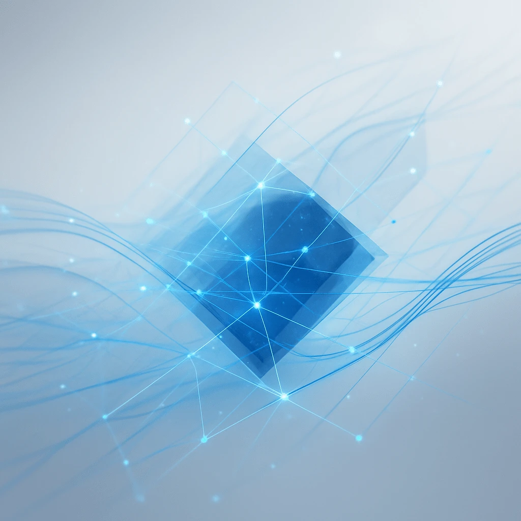 Rappresentazione astratta della sinergia tra Information Technology e Digital Marketing con rete digitale blu su sfondo chiaro, simbolo di connessione e innovazione.